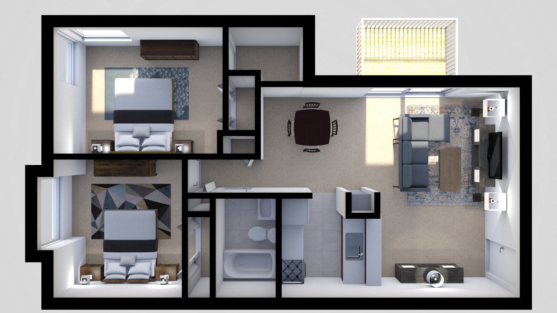 Floor plan for 2 beds, 1 bath, 795 sqft